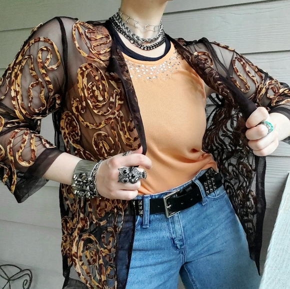Chico's Brown Sheer Mesh Summer Cardigan w/Sewn-on Animal Print Leopard Swirls - Picture 3 of 16